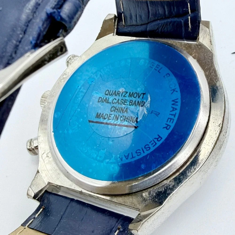 Blingster Crystal Bezel Mens Quartz Silver Steel Blue‎ Leather Rhinestone Watch